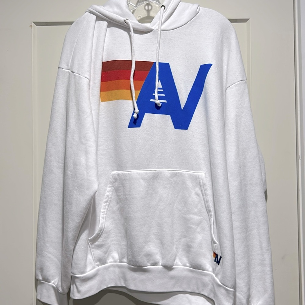 Aviator Nation White Hoodie with Blue Logo and Red-Orange-Yellow Stripe